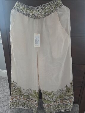Johnny Was Cream Wide-Leg Pants with Floral Green Trim NWT